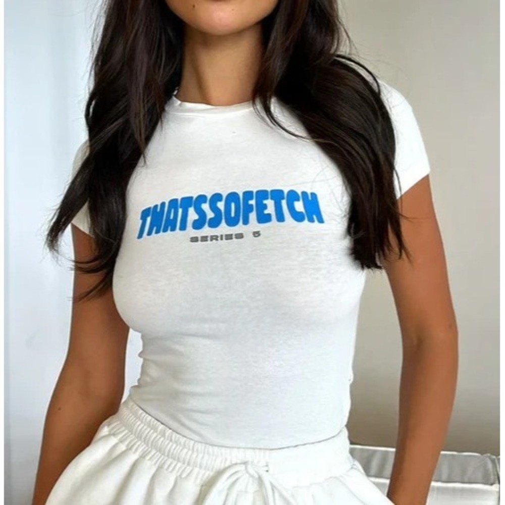 That's So Fetch Series 5 White Tee Shirt Women's Size 2, Blue Lettering, Stretch